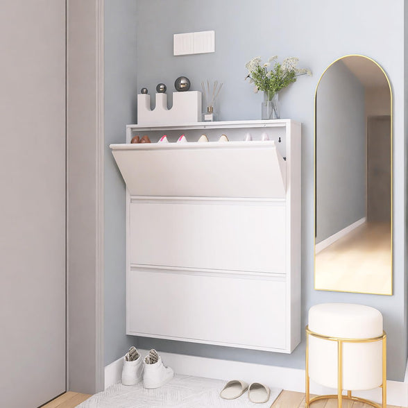 GREATMEET Shoe Storage Cabinet with 3 Flip Drawers, Wall Mount Metal Shoe Organizer for Entryway, Flip Drawer Steel Shoe Rack Cabinet for Indoor Shoe Storage