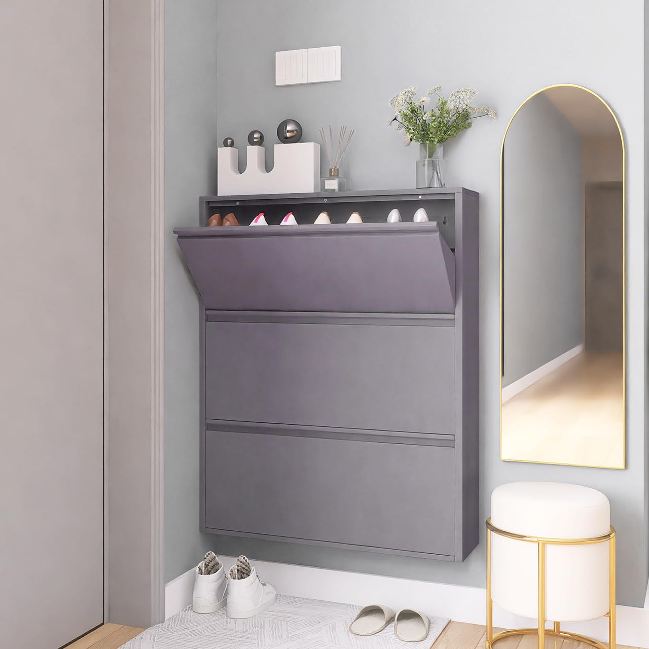 GREATMEET Shoe Storage Cabinet with 3 Flip Drawers, Wall Mount Metal Shoe Organizer for Entryway, Flip Drawer Steel Shoe Rack Cabinet for Indoor Shoe Storage