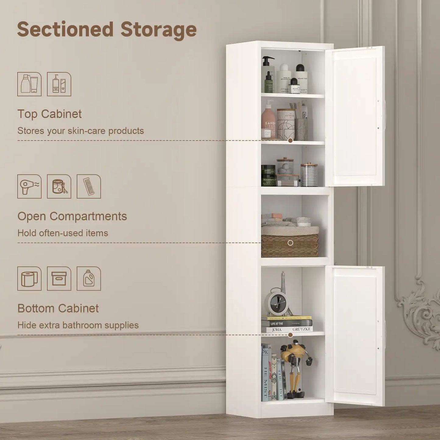 Greatmeet 67" Tall Slim Bathroom Cabinet, Narrow Cupboard Cabinet with Adjustable Shelves, Metal Freestanding Cabinet for Small Spaces, Bathroom, Kitchen, Laundry, Living Room