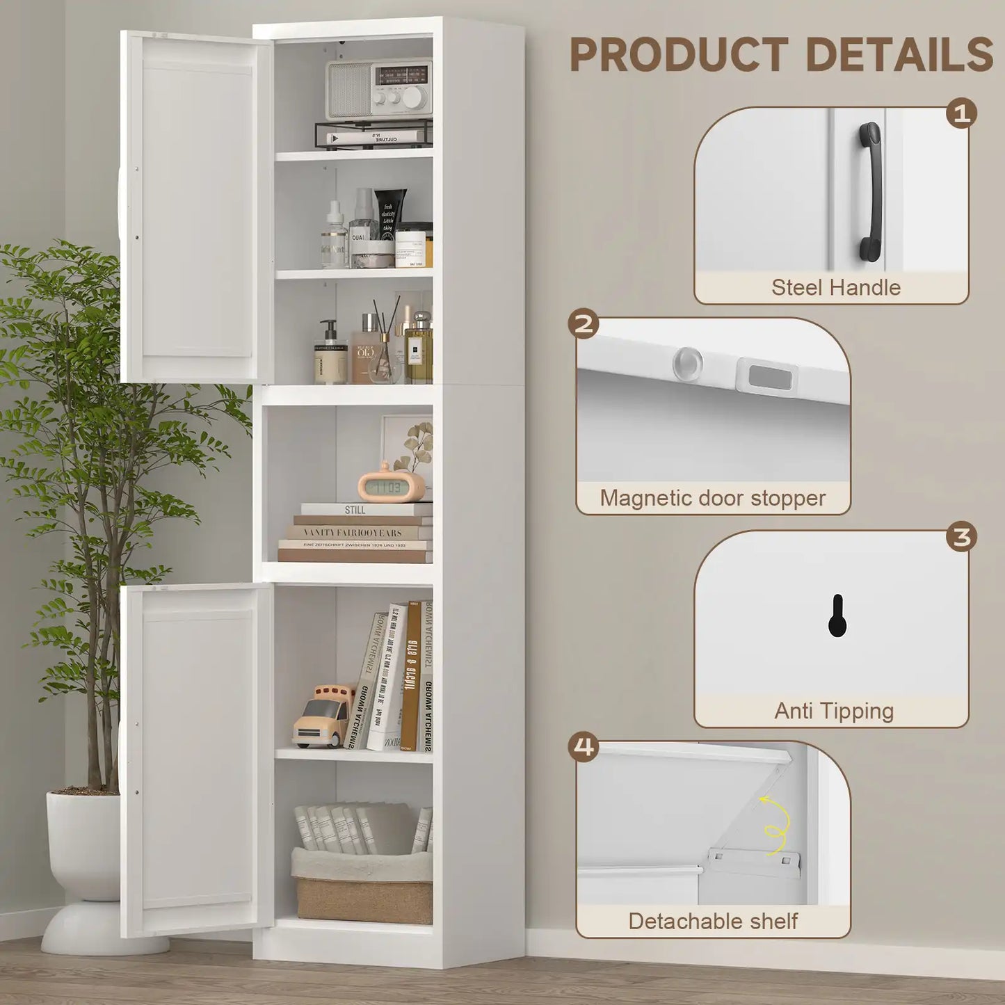 Greatmeet 67" Tall Slim Bathroom Cabinet, Narrow Cupboard Cabinet with Adjustable Shelves, Metal Freestanding Cabinet for Small Spaces, Bathroom, Kitchen, Laundry, Living Room
