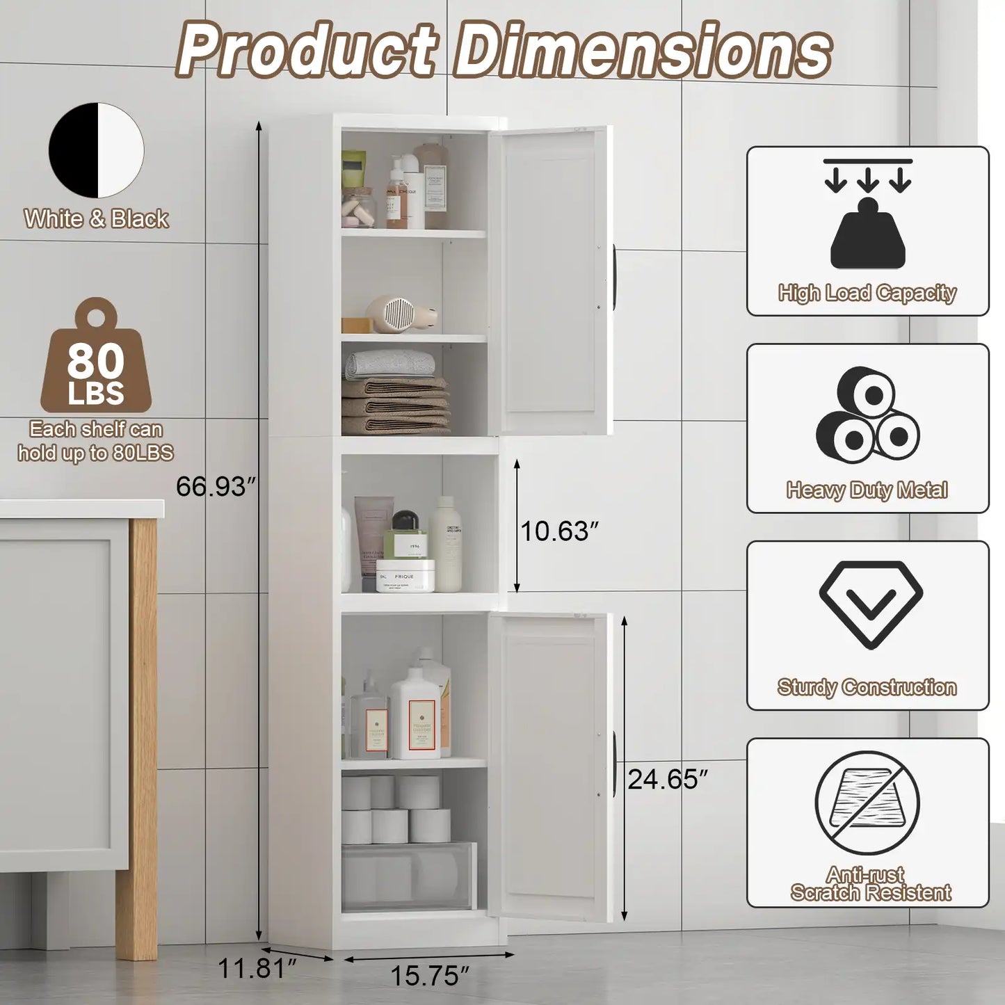 Greatmeet 67" Tall Slim Bathroom Cabinet, Narrow Cupboard Cabinet with Adjustable Shelves, Metal Freestanding Cabinet for Small Spaces, Bathroom, Kitchen, Laundry, Living Room