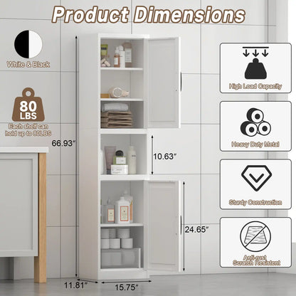 Greatmeet 67" Tall Slim Bathroom Cabinet, Narrow Cupboard Cabinet with Adjustable Shelves, Metal Freestanding Cabinet for Small Spaces, Bathroom, Kitchen, Laundry, Living Room