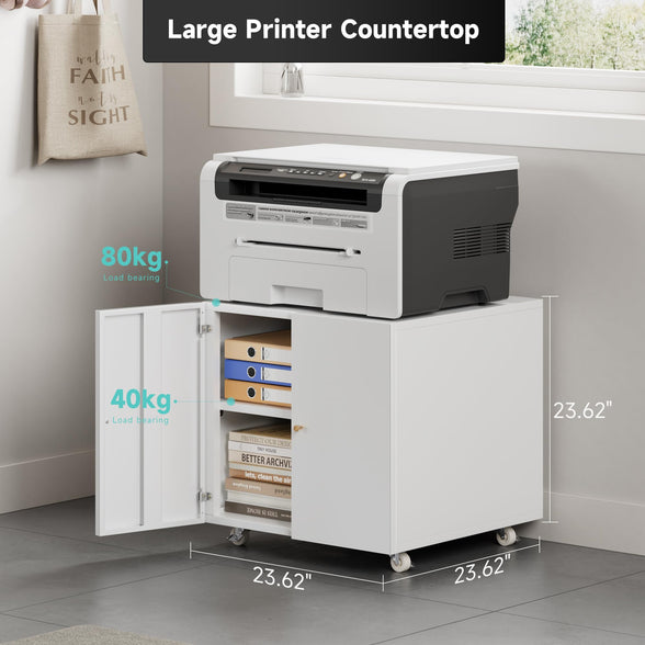 GREATMEET Metal Printer Stand with Storage Mobile Printer Tables for Small Spaces with Door Adjustable Shelf White File Cabinet on Wheels for Home Office
