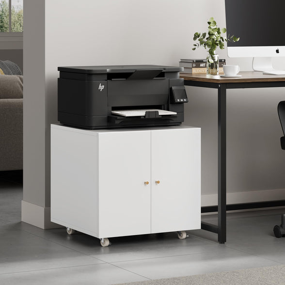 GREATMEET Metal Printer Stand with Storage Mobile Printer Tables for Small Spaces with Door Adjustable Shelf White File Cabinet on Wheels for Home Office