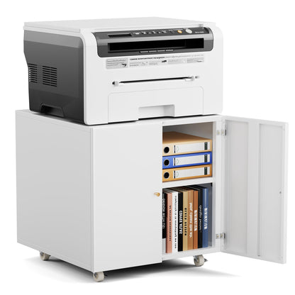 GREATMEET Metal Printer Stand with Storage Mobile Printer Tables for Small Spaces with Door Adjustable Shelf White File Cabinet on Wheels for Home Office