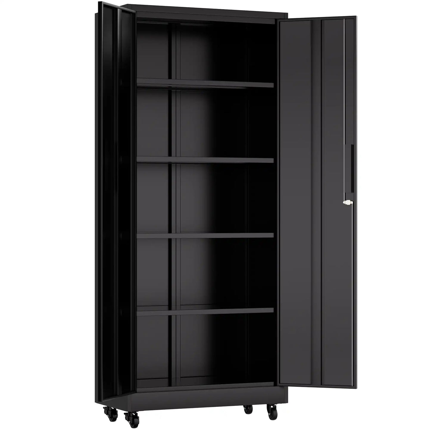 Greatmeet 71" H Metal Garage Storage Cabinet with Wheels and Lock, Heavy Duty Rolling Tool Cabinet with 4 Adjustable Shelves (180 lbs Each), 3 Point Locking Security for Garage, Workshop, Office, Black