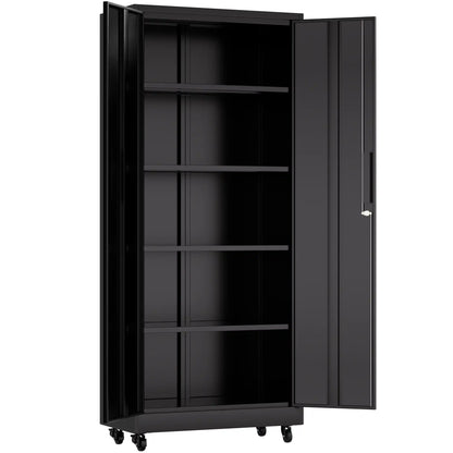 Greatmeet 71" H Metal Garage Storage Cabinet with Wheels and Lock, Heavy Duty Rolling Tool Cabinet with 4 Adjustable Shelves (180 lbs Each), 3 Point Locking Security for Garage, Workshop, Office, Black