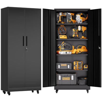 Greatmeet 71" H Metal Garage Storage Cabinet with Wheels and Lock, Heavy Duty Rolling Tool Cabinet with 4 Adjustable Shelves (180 lbs Each), 3 Point Locking Security for Garage, Workshop, Office, Black