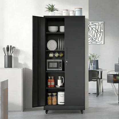 Greatmeet 71" H Metal Garage Storage Cabinet with Wheels and Lock, Heavy Duty Rolling Tool Cabinet with 4 Adjustable Shelves (180 lbs Each), 3 Point Locking Security for Garage, Workshop, Office, Black