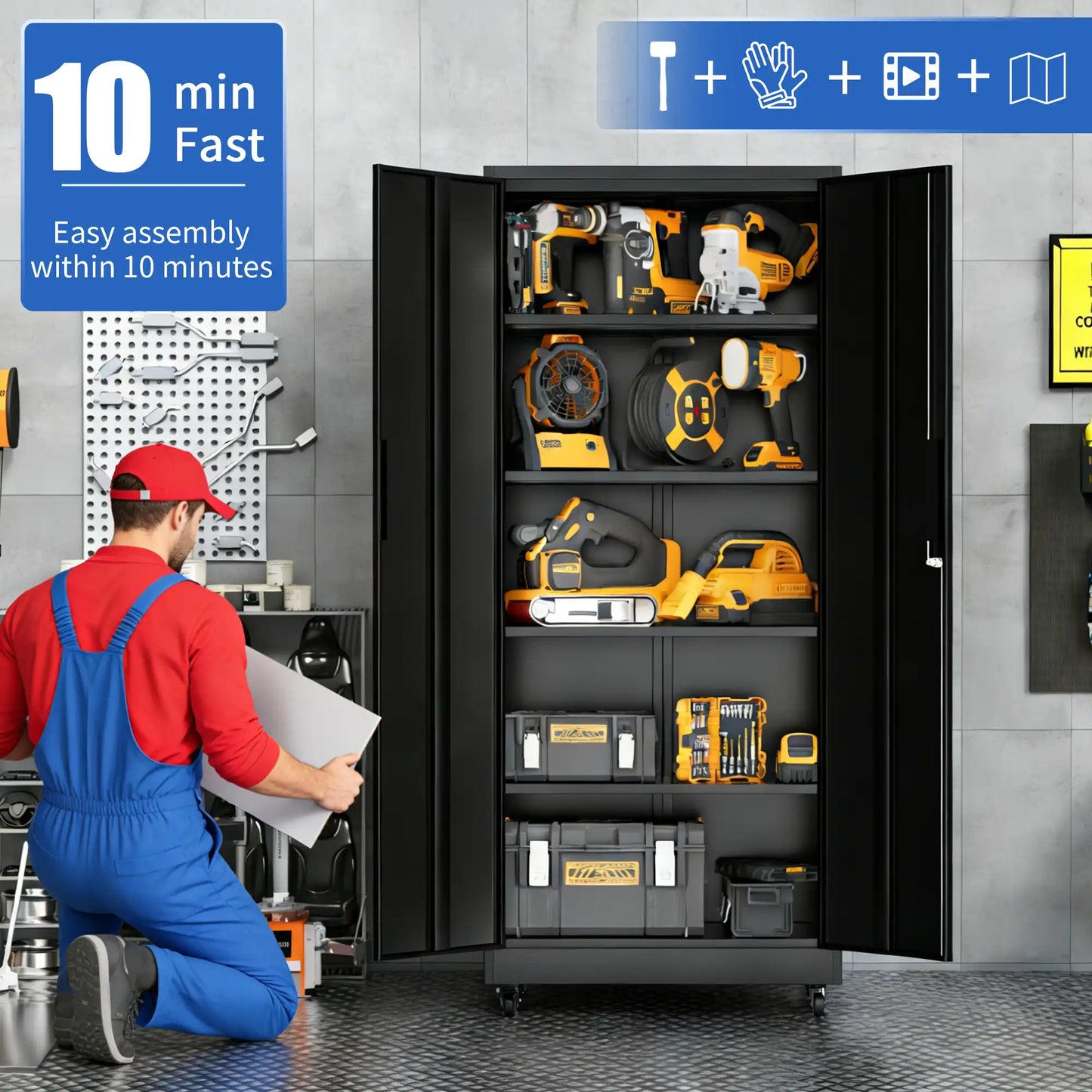 Greatmeet 71" H Metal Garage Storage Cabinet with Wheels and Lock, Heavy Duty Rolling Tool Cabinet with 4 Adjustable Shelves (180 lbs Each), 3 Point Locking Security for Garage, Workshop, Office, Black