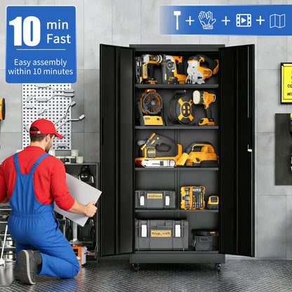 Greatmeet 71" H Metal Garage Storage Cabinet with Wheels and Lock, Heavy Duty Rolling Tool Cabinet with 4 Adjustable Shelves (180 lbs Each), 3 Point Locking Security for Garage, Workshop, Office, Black