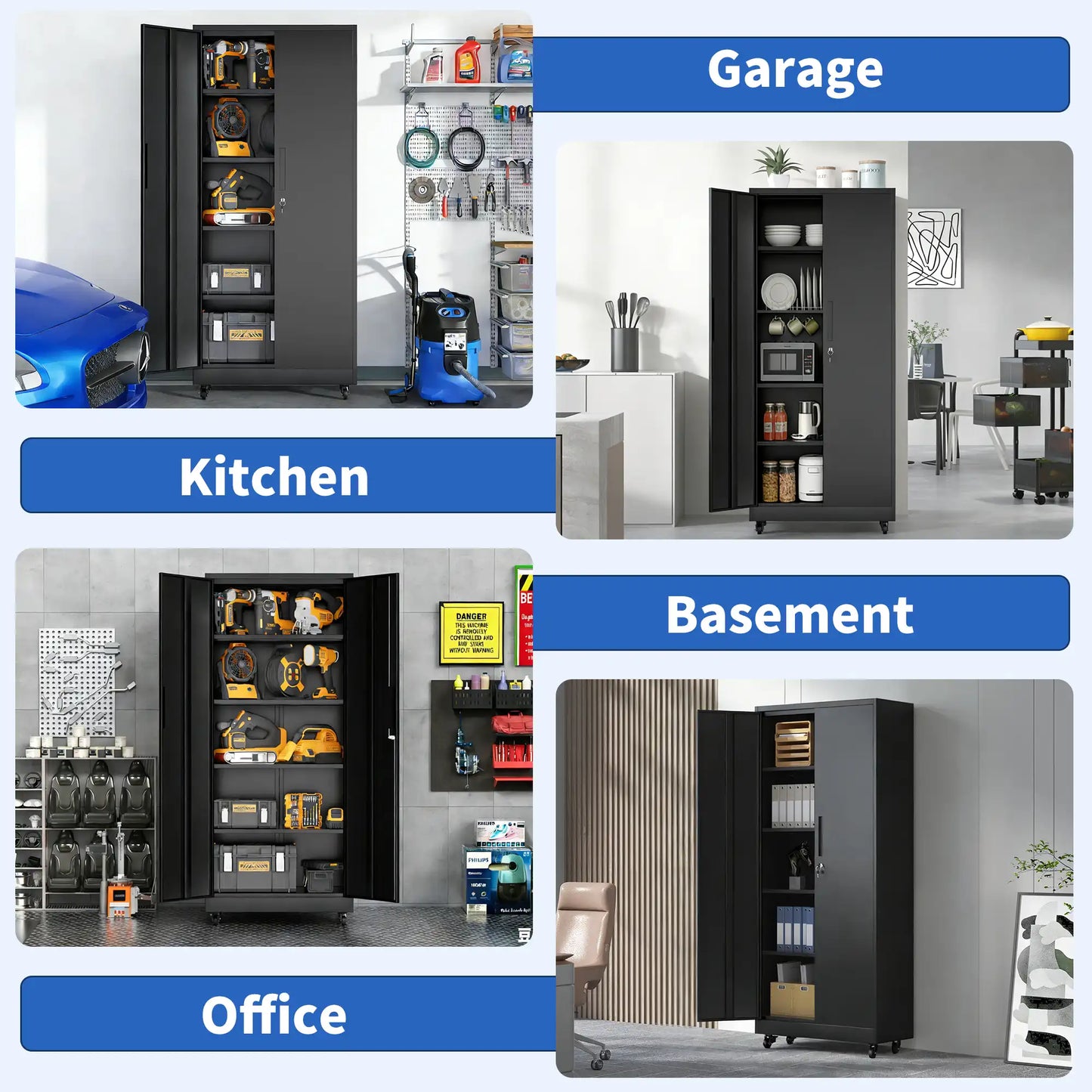 Greatmeet 71" H Metal Garage Storage Cabinet with Wheels and Lock, Heavy Duty Rolling Tool Cabinet with 4 Adjustable Shelves (180 lbs Each), 3 Point Locking Security for Garage, Workshop, Office, Black