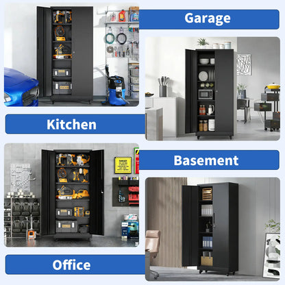 Greatmeet 71" H Metal Garage Storage Cabinet with Wheels and Lock, Heavy Duty Rolling Tool Cabinet with 4 Adjustable Shelves (180 lbs Each), 3 Point Locking Security for Garage, Workshop, Office, Black