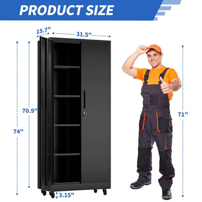 Greatmeet 71" H Metal Garage Storage Cabinet with Wheels and Lock, Heavy Duty Rolling Tool Cabinet with 4 Adjustable Shelves (180 lbs Each), 3 Point Locking Security for Garage, Workshop, Office, Black