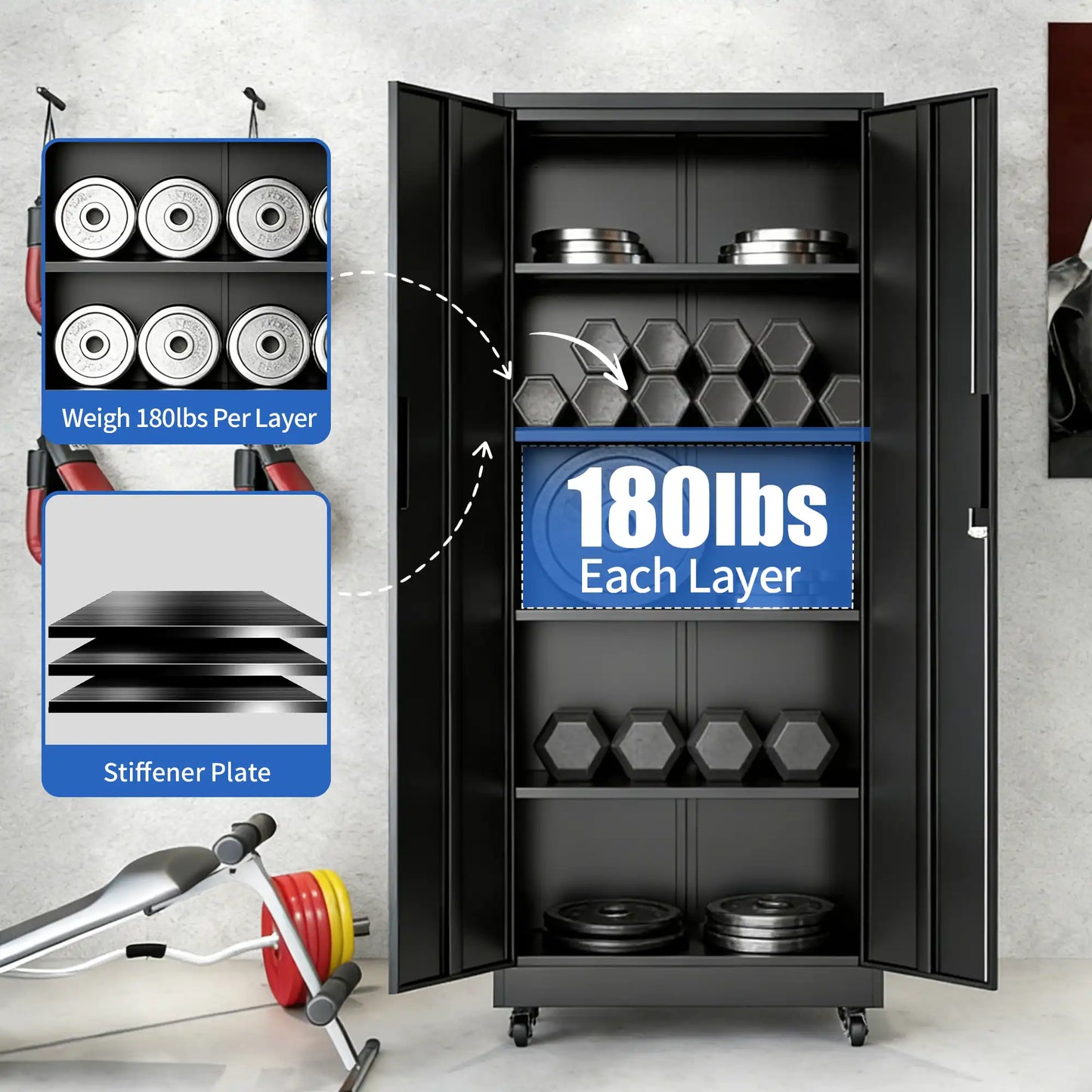 Greatmeet 71" H Metal Garage Storage Cabinet with Wheels and Lock, Heavy Duty Rolling Tool Cabinet with 4 Adjustable Shelves (180 lbs Each), 3 Point Locking Security for Garage, Workshop, Office, Black