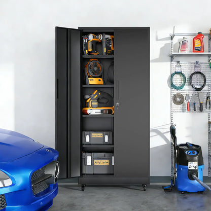 Greatmeet 71" H Metal Garage Storage Cabinet with Wheels and Lock, Heavy Duty Rolling Tool Cabinet with 4 Adjustable Shelves (180 lbs Each), 3 Point Locking Security for Garage, Workshop, Office, Black