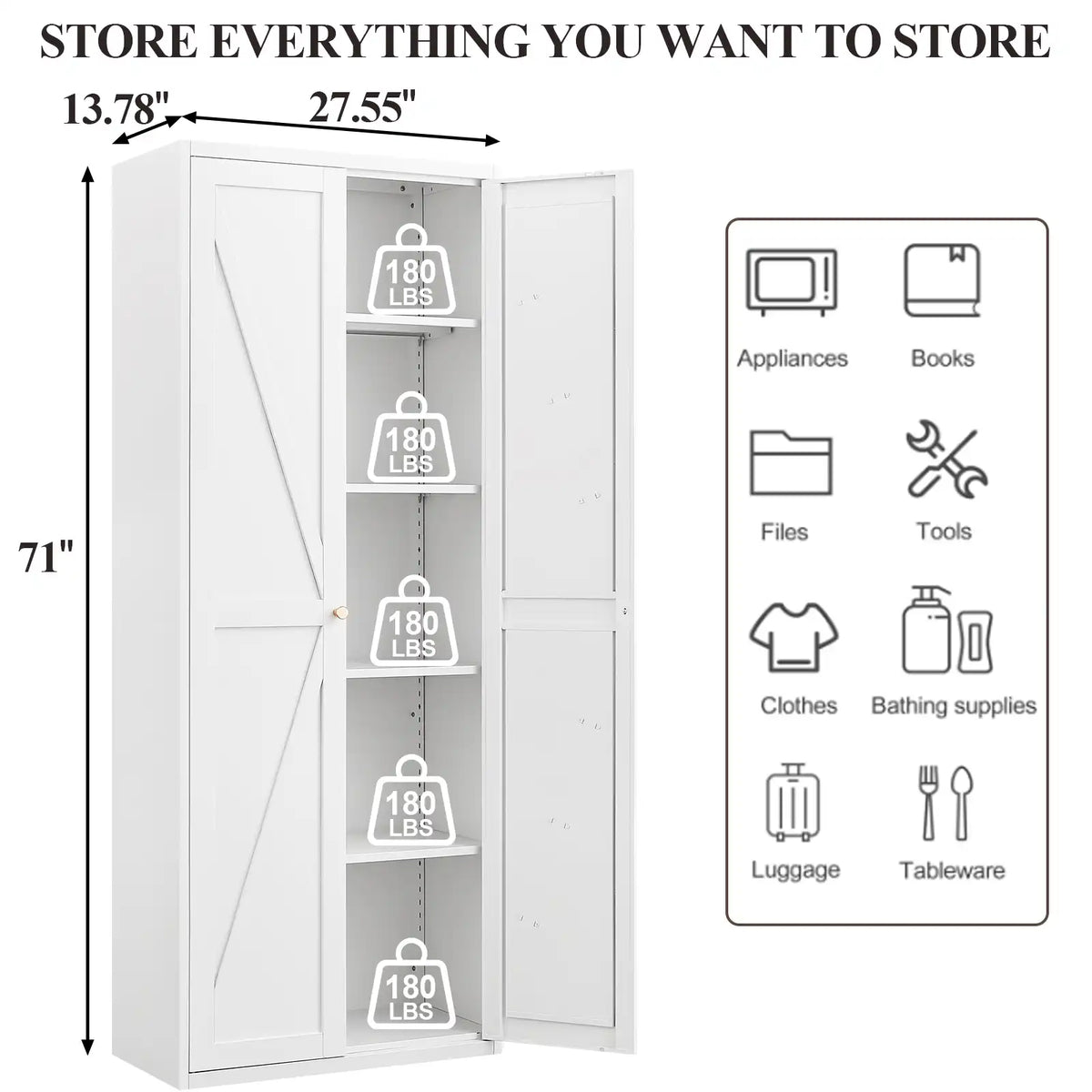 71 H White Tall Steel Pantry Storage Cabinet Dimensions Diagram Showing 180 lbs Shelf Capacity