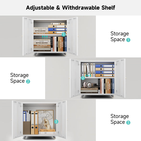 GREATMEET Metal Printer Stand with Storage Mobile Printer Tables for Small Spaces with Door Adjustable Shelf White File Cabinet on Wheels for Home Office