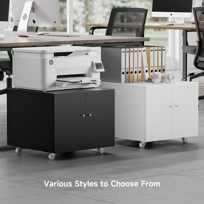 GREATMEET Metal Printer Stand with Storage Mobile Printer Tables for Small Spaces with Door Adjustable Shelf White File Cabinet on Wheels for Home Office