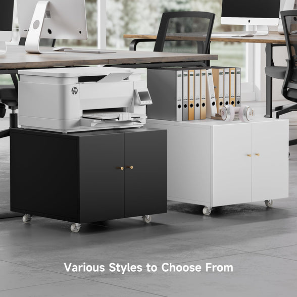GREATMEET Metal Printer Stand with Storage Mobile Printer Tables for Small Spaces with Door Adjustable Shelf White File Cabinet on Wheels for Home Office