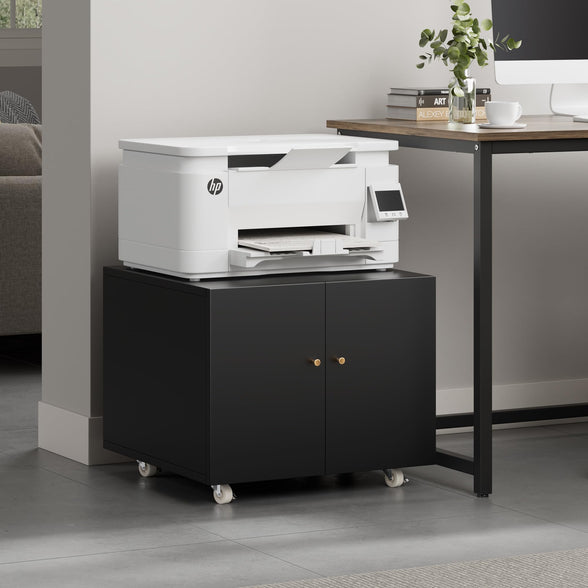 GREATMEET Metal Printer Stand with Storage Mobile Printer Tables for Small Spaces with Door Adjustable Shelf White File Cabinet on Wheels for Home Office