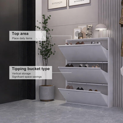 GREATMEET Shoe Storage Cabinet with 3 Flip Drawers, Wall Mount Metal Shoe Organizer for Entryway, Flip Drawer Steel Shoe Rack Cabinet for Indoor Shoe Storage