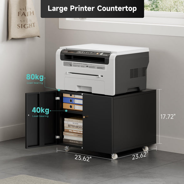 GREATMEET Metal Printer Stand with Storage Mobile Printer Tables for Small Spaces with Door Adjustable Shelf White File Cabinet on Wheels for Home Office
