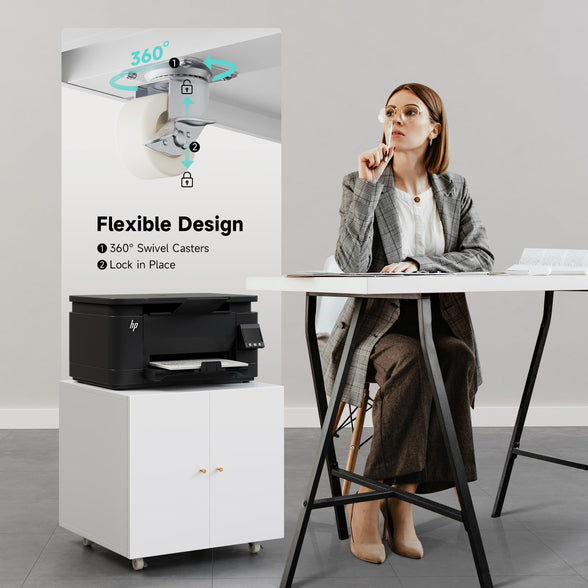 GREATMEET Metal Printer Stand with Storage Mobile Printer Tables for Small Spaces with Door Adjustable Shelf White File Cabinet on Wheels for Home Office
