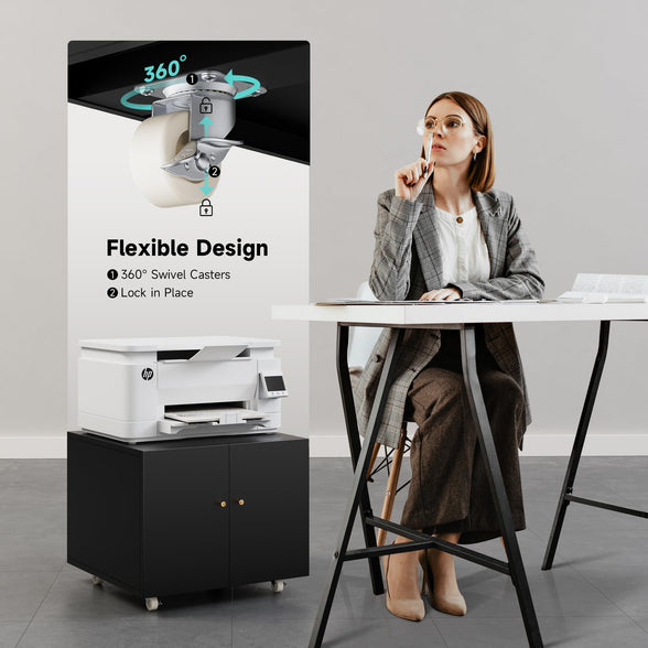 GREATMEET Metal Printer Stand with Storage Mobile Printer Tables for Small Spaces with Door Adjustable Shelf White File Cabinet on Wheels for Home Office