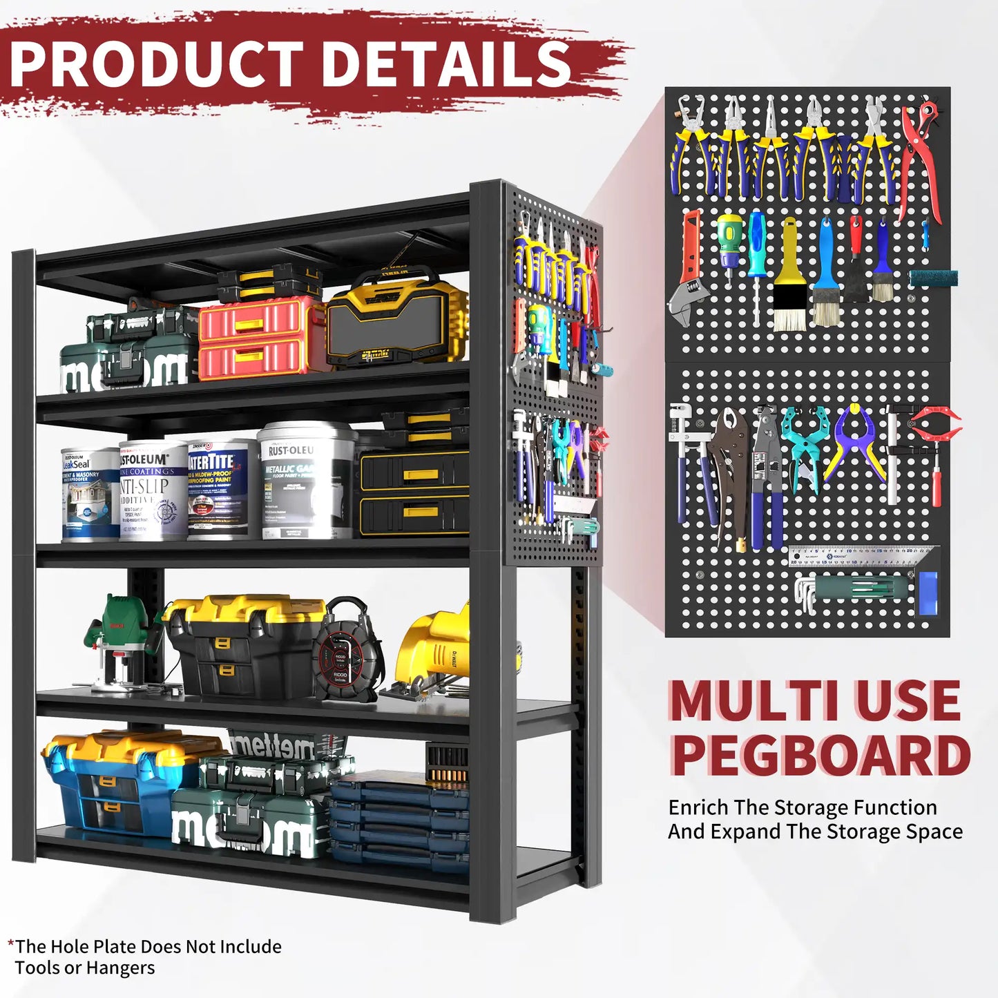 Greatmeet 72" H 5-Tier Adjustable Heavy Duty Shelving Unit with Pegboard, 2000 Lbs Capacity Industrial Storage Rack for Garage, Warehouse, Office, Kitchen, 23.6"D x 47.2"W x 72"H