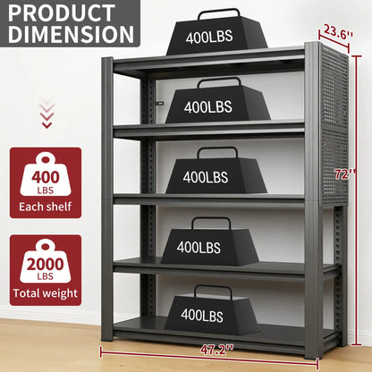 Greatmeet 72" H 5-Tier Adjustable Heavy Duty Shelving Unit with Pegboard, 2000 Lbs Capacity Industrial Storage Rack for Garage, Warehouse, Office, Kitchen, 23.6"D x 47.2"W x 72"H