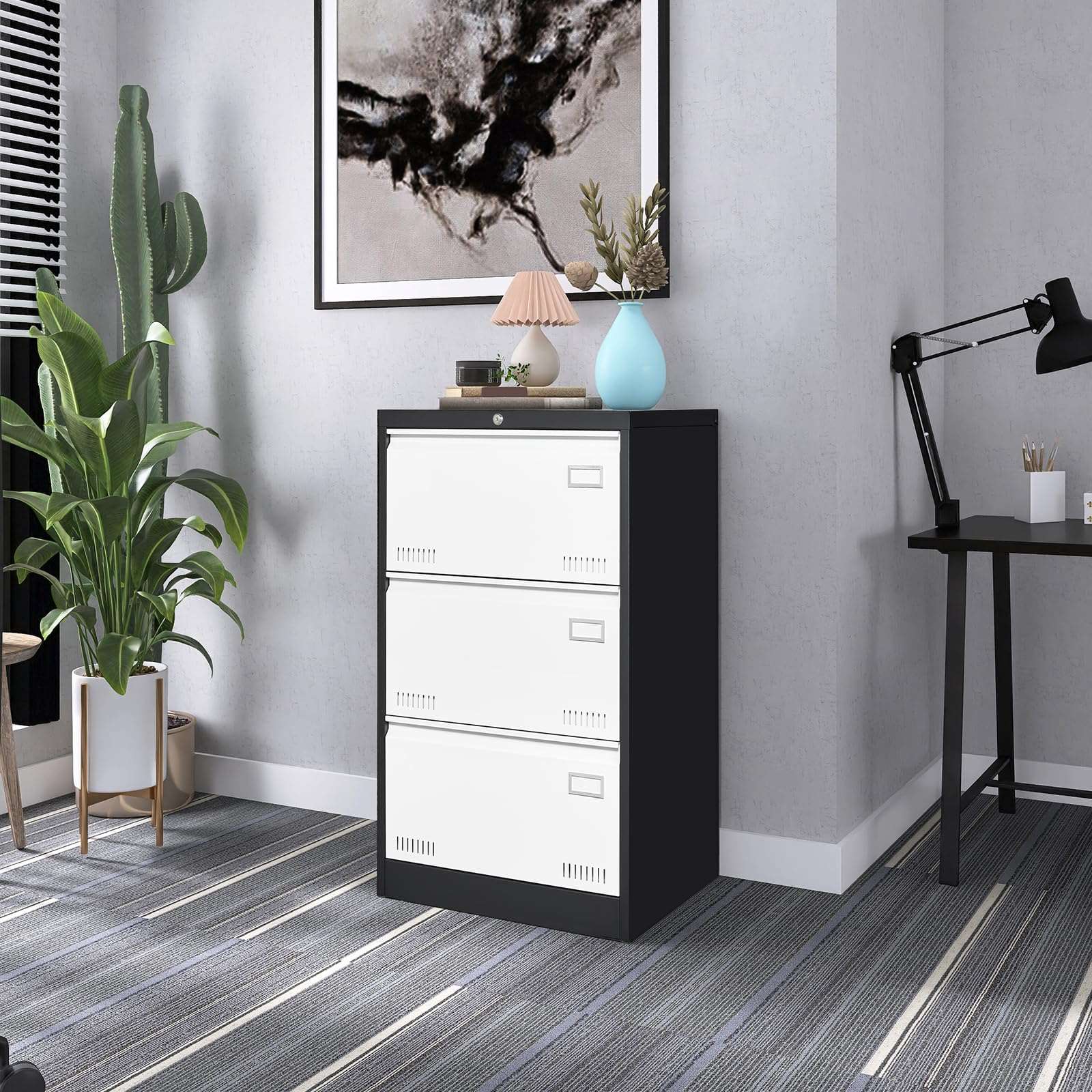 GREATMEET 2 Drawer Lateral File Cabinet,Metal Filing Cabinet with Lock,Locking Storage File Cabinet for Hanging Files,Office Lateral File Cabinets for Letter/Legal/F4/A4 Size,Black-2Drawer