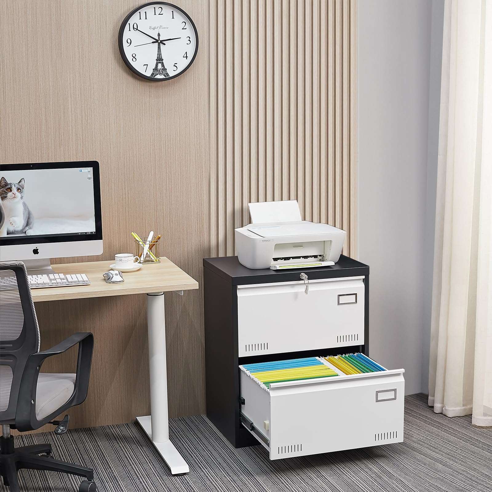 GREATMEET 2 Drawer Lateral File Cabinet,Metal Filing Cabinet with Lock,Locking Storage File Cabinet for Hanging Files,Office Lateral File Cabinets for Letter/Legal/F4/A4 Size,Black-2Drawer