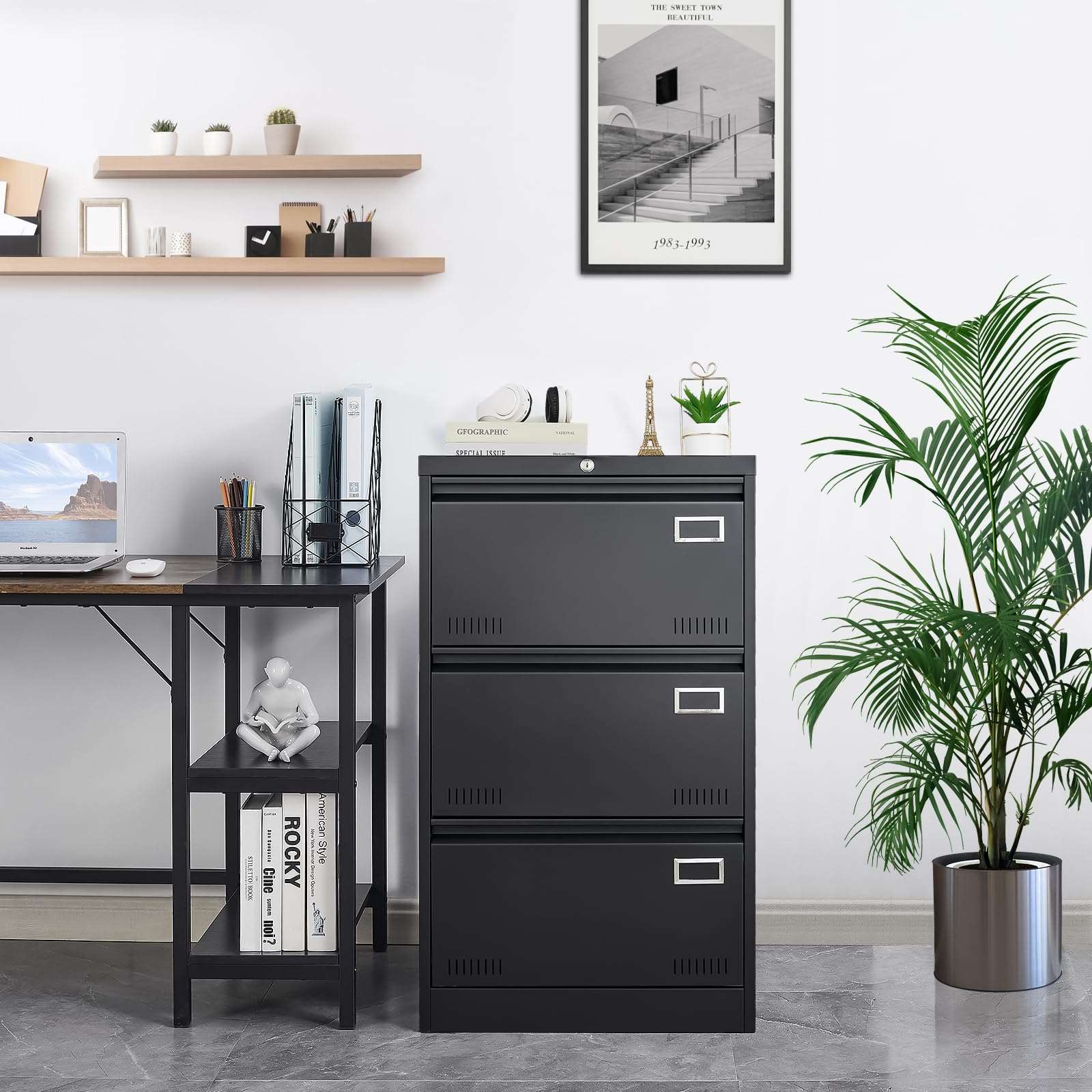 GREATMEET 2 Drawer Lateral File Cabinet,Metal Filing Cabinet with Lock,Locking Storage File Cabinet for Hanging Files,Office Lateral File Cabinets for Letter/Legal/F4/A4 Size,Black-2Drawer