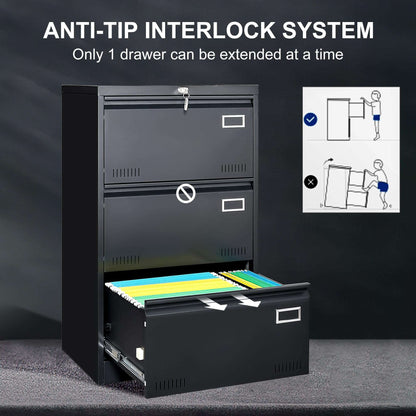 GREATMEET 2 Drawer Lateral File Cabinet,Metal Filing Cabinet with Lock,Locking Storage File Cabinet for Hanging Files,Office Lateral File Cabinets for Letter/Legal/F4/A4 Size,Black-2Drawer