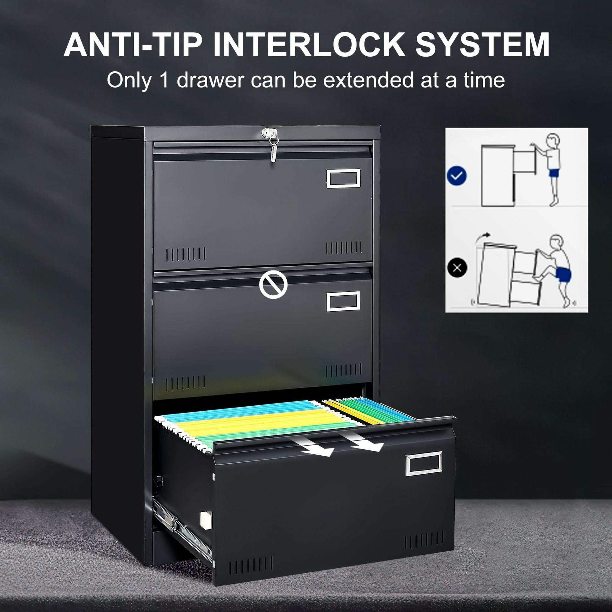 GREATMEET 2 Drawer Lateral File Cabinet,Metal Filing Cabinet with Lock,Locking Storage File Cabinet for Hanging Files,Office Lateral File Cabinets for Letter/Legal/F4/A4 Size,Black-2Drawer