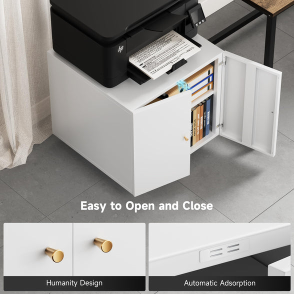 GREATMEET Metal Printer Stand with Storage Mobile Printer Tables for Small Spaces with Door Adjustable Shelf White File Cabinet on Wheels for Home Office