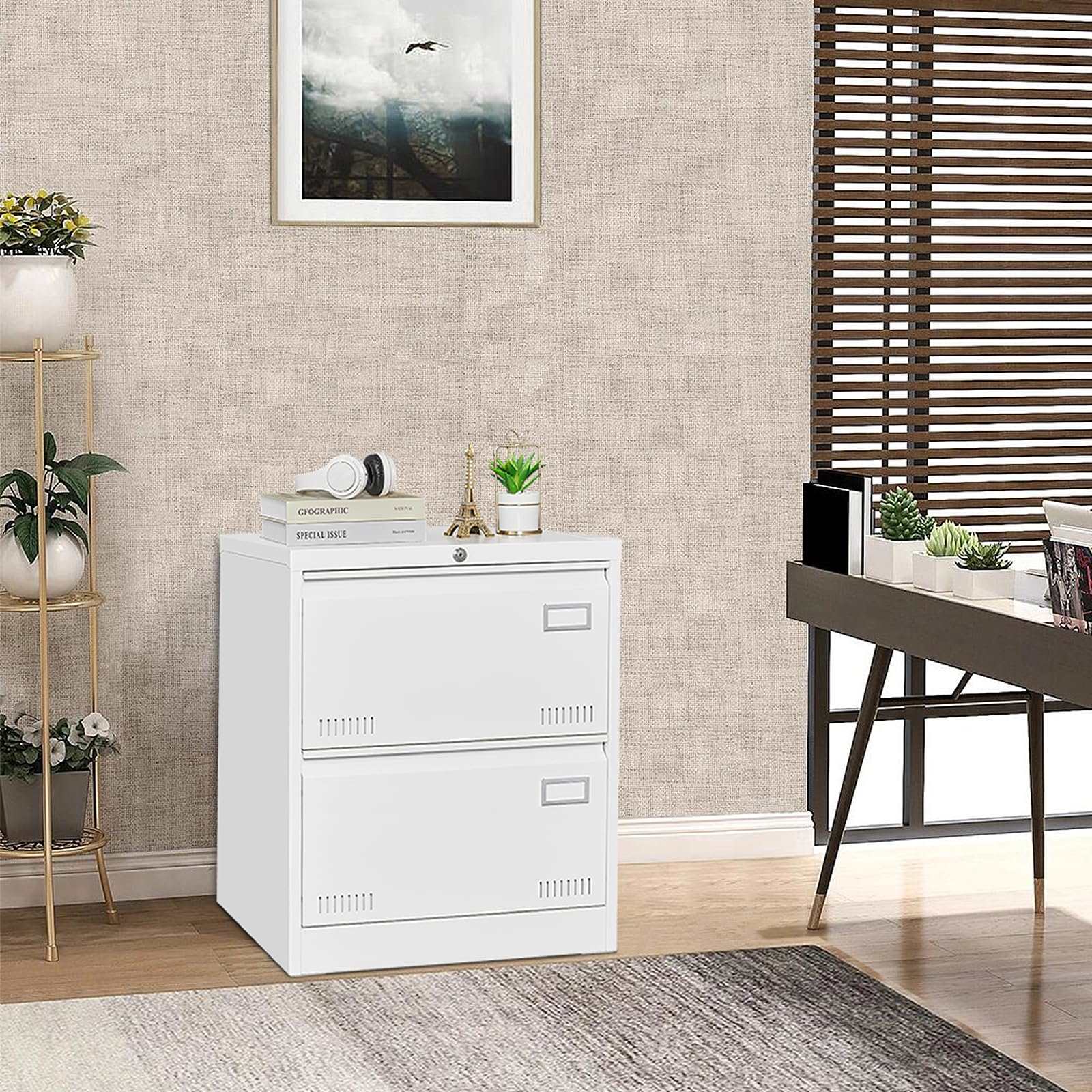 GREATMEET 2 Drawer Lateral File Cabinet,Metal Filing Cabinet with Lock,Locking Storage File Cabinet for Hanging Files,Office Lateral File Cabinets for Letter/Legal/F4/A4 Size,Black-2Drawer