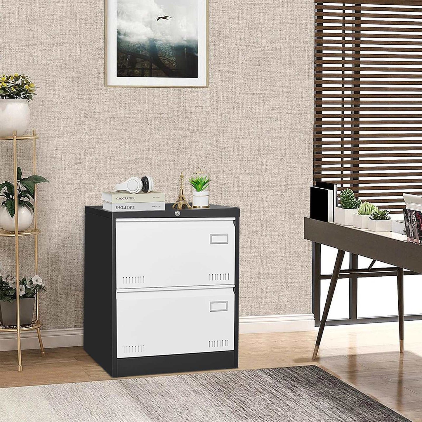 GREATMEET 2 Drawer Lateral File Cabinet,Metal Filing Cabinet with Lock,Locking Storage File Cabinet for Hanging Files,Office Lateral File Cabinets for Letter/Legal/F4/A4 Size,Black-2Drawer