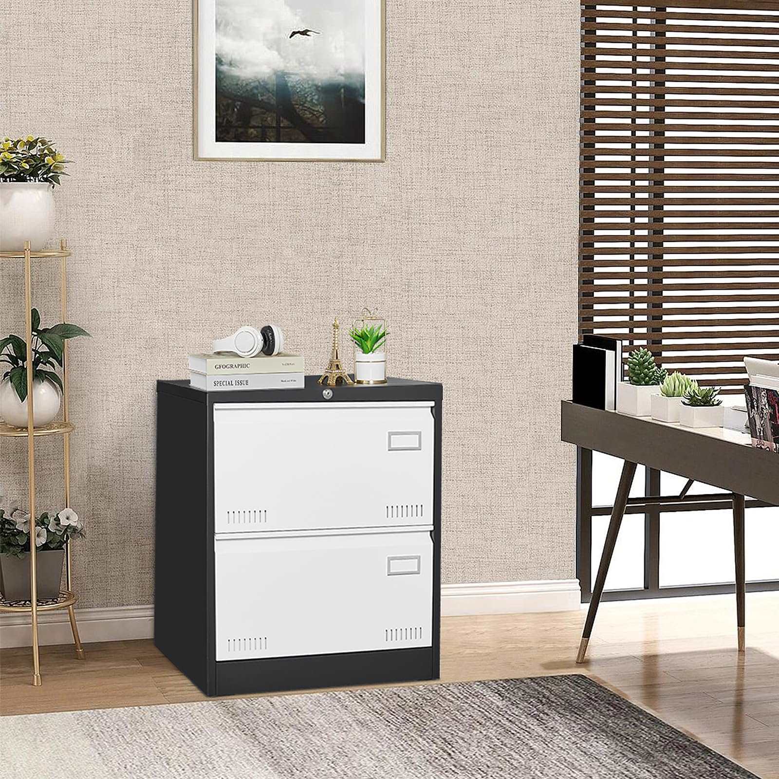 GREATMEET 2 Drawer Lateral File Cabinet,Metal Filing Cabinet with Lock,Locking Storage File Cabinet for Hanging Files,Office Lateral File Cabinets for Letter/Legal/F4/A4 Size,Black-2Drawer