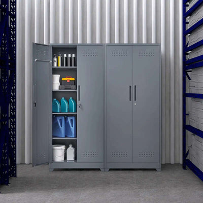 GREATMEET Broom Closet Storage Cabinet with Locking Doors, Metal Storage Cabinet with Hanging Rod,Garage Storage Cabinet with Hook,Cleaning Tool Cabinet