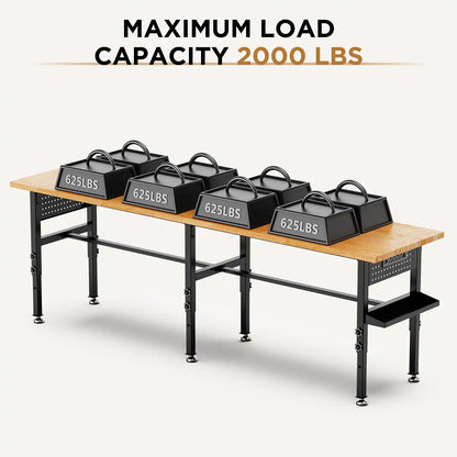Greatmeet 96" Adjustable Height Workbench with Power Outlet & Pegboard | Heavy Duty 2000 LBS Solid Wood Top Garage Work Table Storage Box, Wheels or Leveling Feet