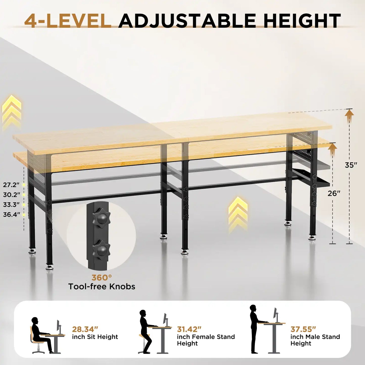 Greatmeet 96" Adjustable Height Workbench with Power Outlet & Pegboard | Heavy Duty 2000 LBS Solid Wood Top Garage Work Table Storage Box, Wheels or Leveling Feet