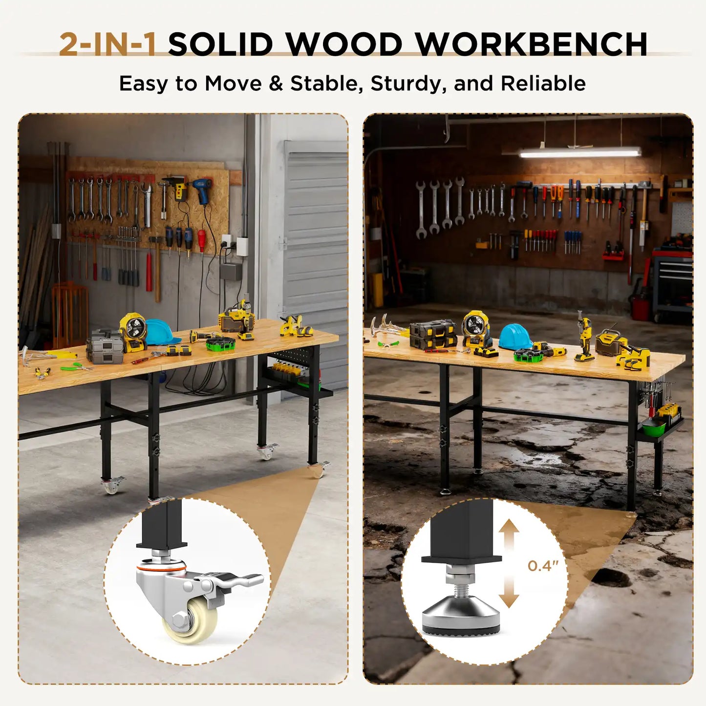 Greatmeet 96" Adjustable Height Workbench with Power Outlet & Pegboard | Heavy Duty 2000 LBS Solid Wood Top Garage Work Table Storage Box, Wheels or Leveling Feet