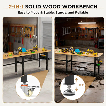 Greatmeet 96" Adjustable Height Workbench with Power Outlet & Pegboard | Heavy Duty 2000 LBS Solid Wood Top Garage Work Table Storage Box, Wheels or Leveling Feet