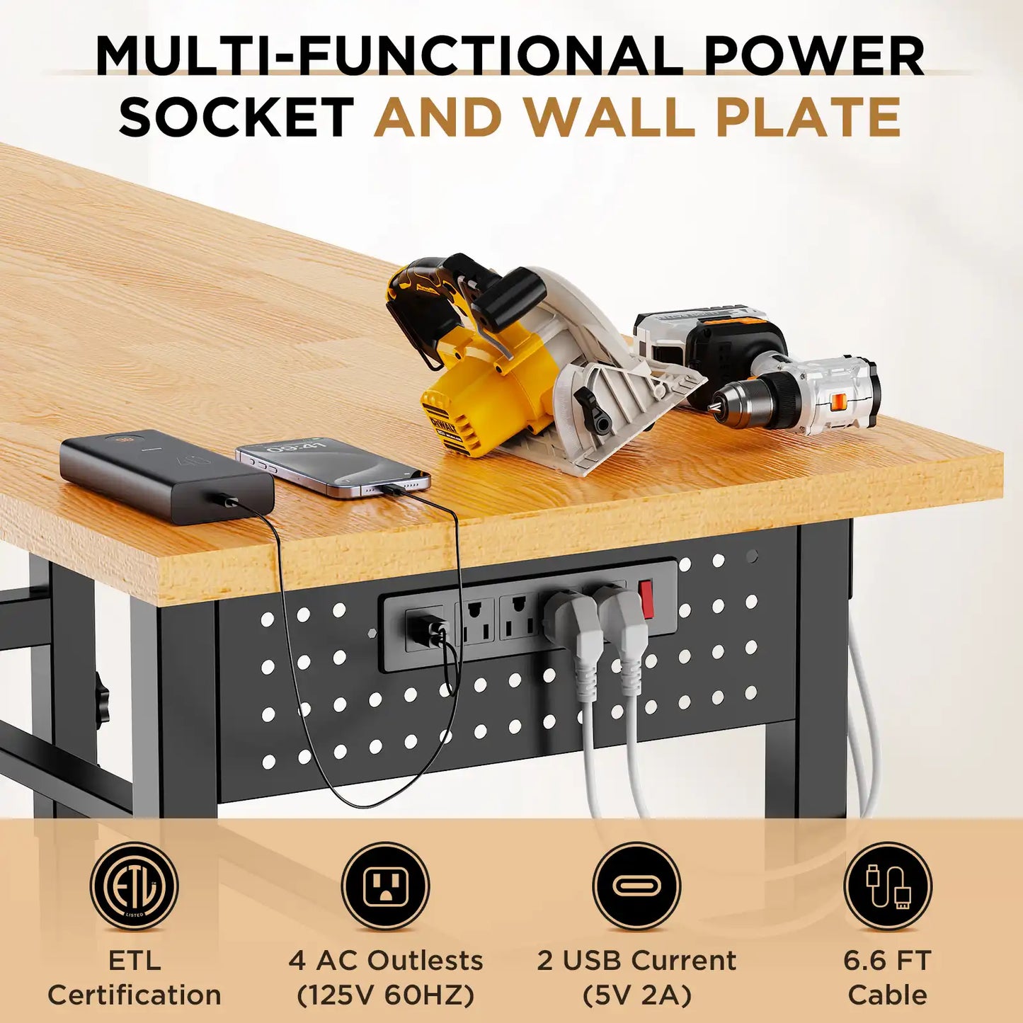 Greatmeet 96" Adjustable Height Workbench with Power Outlet & Pegboard | Heavy Duty 2000 LBS Solid Wood Top Garage Work Table Storage Box, Wheels or Leveling Feet