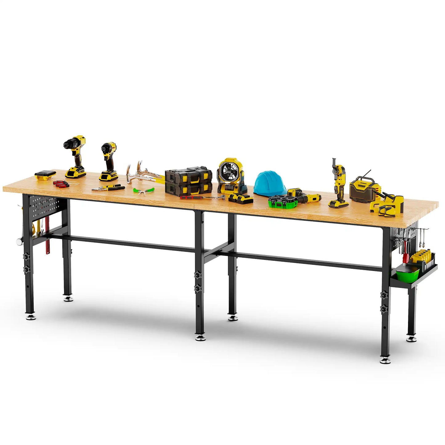 Greatmeet 96" Adjustable Height Workbench with Power Outlet & Pegboard | Heavy Duty 2000 LBS Solid Wood Top Garage Work Table Storage Box, Wheels or Leveling Feet