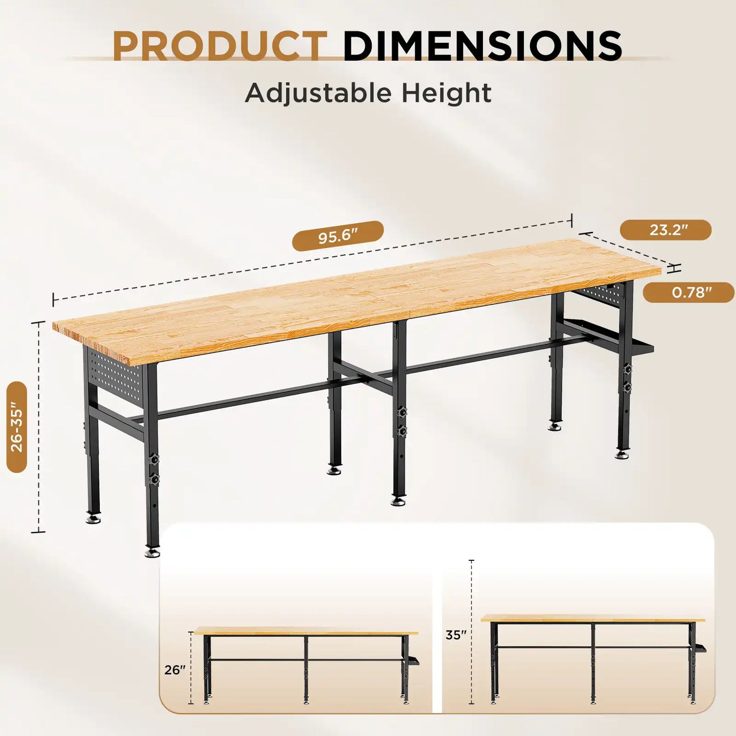 Greatmeet 96" Adjustable Height Workbench with Power Outlet & Pegboard | Heavy Duty 2000 LBS Solid Wood Top Garage Work Table Storage Box, Wheels or Leveling Feet