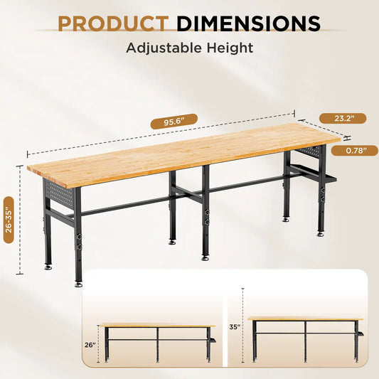 Greatmeet 96" W Adjustable Height Workbench with Power Outlet & Pegboard | Heavy Duty 2000 LBS Solid Wood Top Garage Work Table Storage Box, Wheels or Leveling Feet