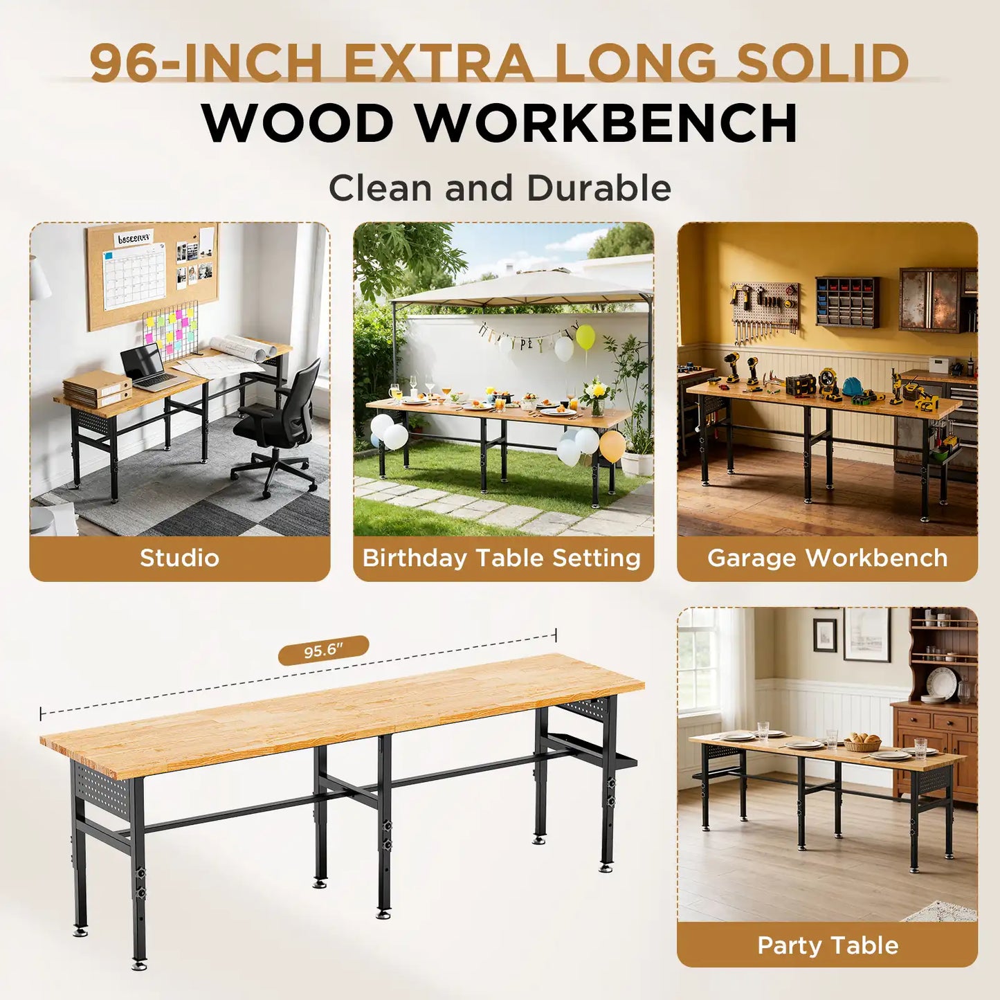 Greatmeet 96" Adjustable Height Workbench with Power Outlet & Pegboard | Heavy Duty 2000 LBS Solid Wood Top Garage Work Table Storage Box, Wheels or Leveling Feet